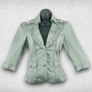 WHBM Ruffle Utility Blazer Womens 6 Sage Green Pleated Slim Fit Feminine Moto